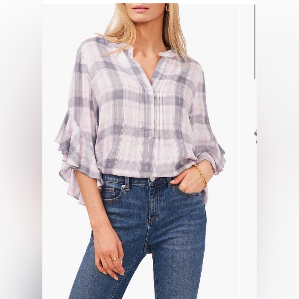 Worn once Vince Camuto Plaid Ruffle Sleeve Women's Top-like new-